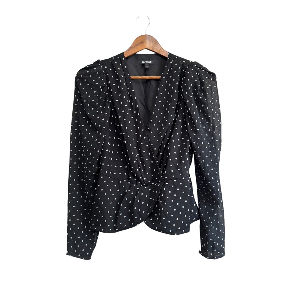 Express Polka Dot Blouse Womens Small Black Surplice Peplum Puff Sleeve V-Neck